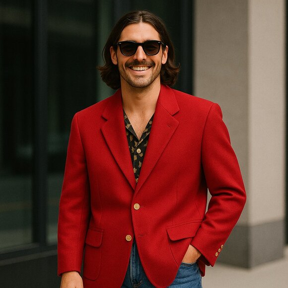 Stanley Blacker Vintage Red Blazer 40R Oversized Textured Gold Buttons USA - Picture 1 of 16